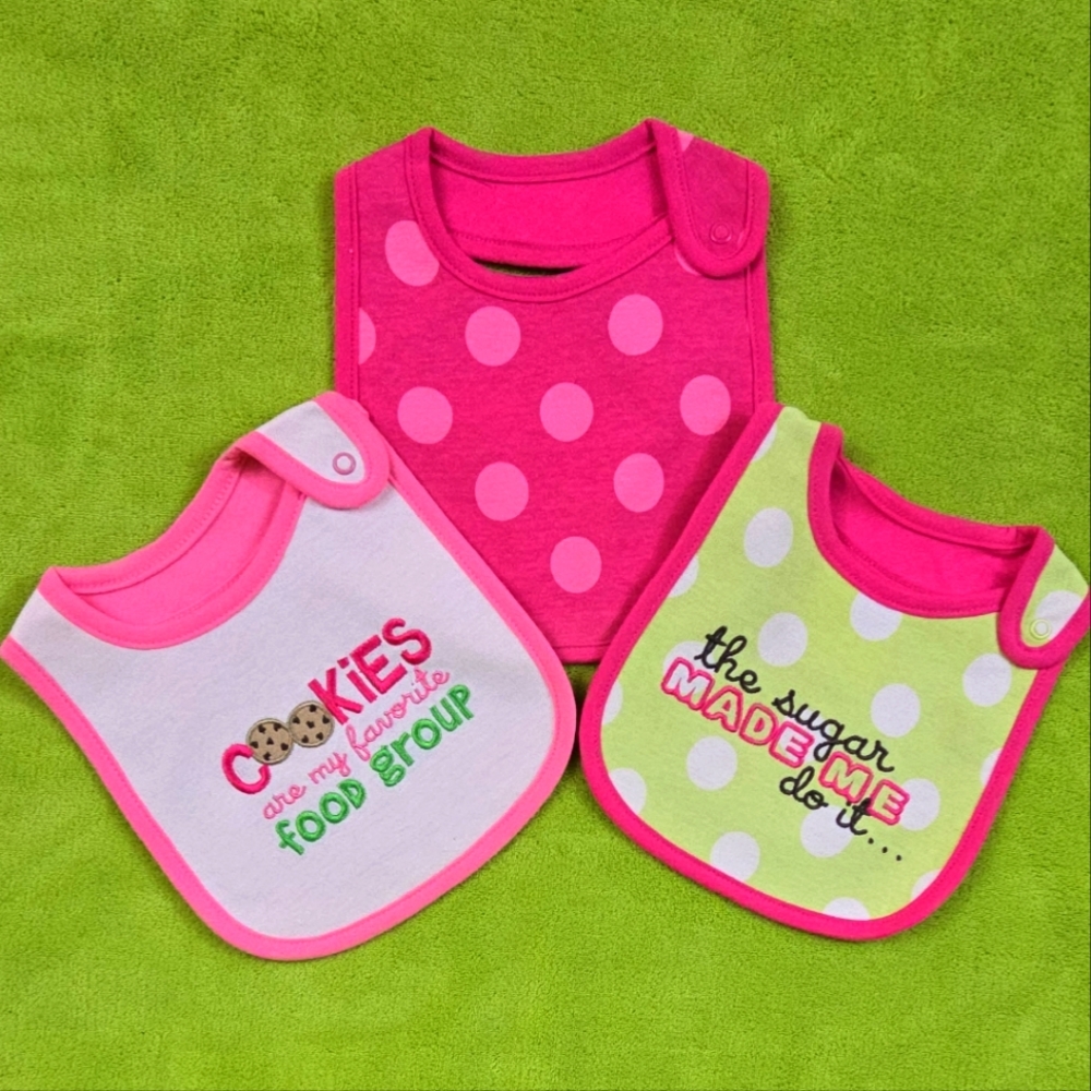 NWT  Baby Girls 3-pk BIBS  set - 🍪  Sugar Made Me Do It - pink Polka- dots (Q5)